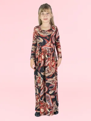 24seven Comfort Apparel Girls Black and Red Paisley Long Sleeve Pleated Maxi Dress