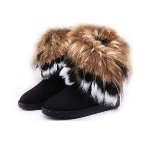 KUYUPP Women Flat Ankle Snow Boots Fur Boots Winter Warm Snow Shoes Round-toe Female Flock Leather Women Shoes DX910